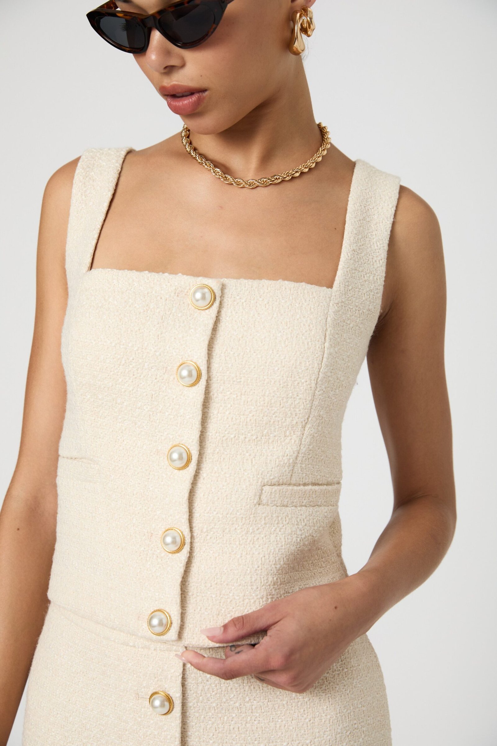 2024_7_FrenchConnection_5067-scaled-1-1.jpg Structured Tweed Button Front Top - Image 1