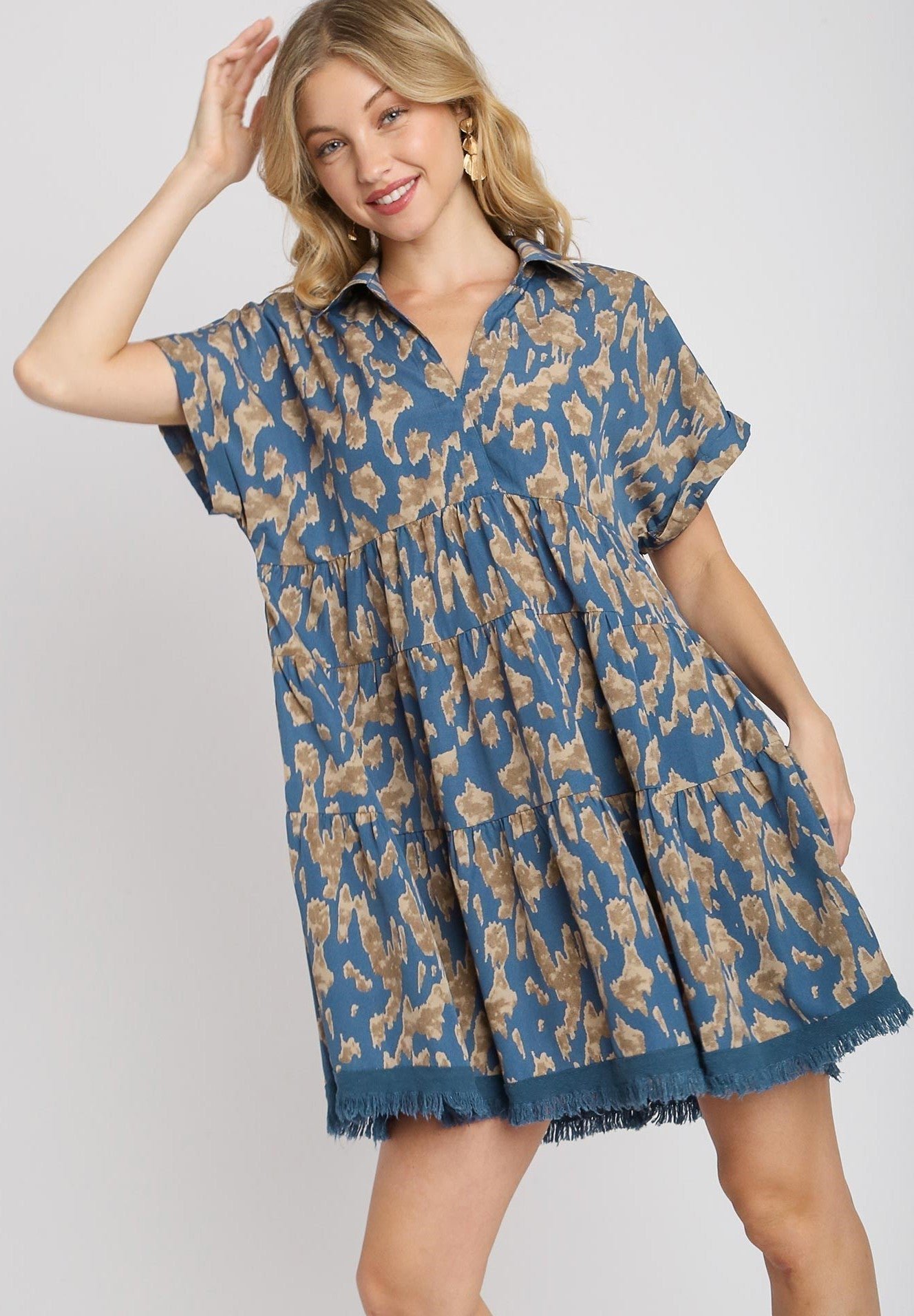 A5742_0c_1-1.jpg Umgee Animal Print Tiered Dress in Slate Blue - Image 1