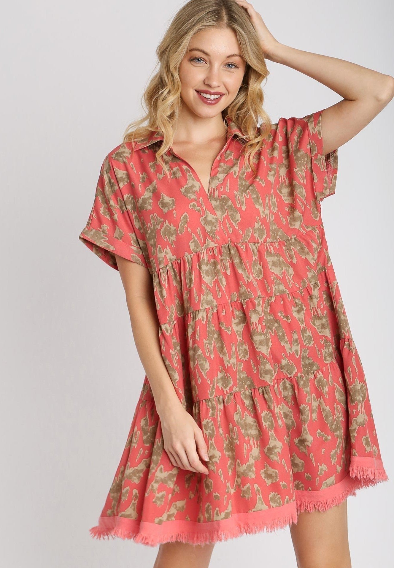 A5742_8b_1-1.jpg Umgee Animal Print Tiered Dress in Coral - Image 1