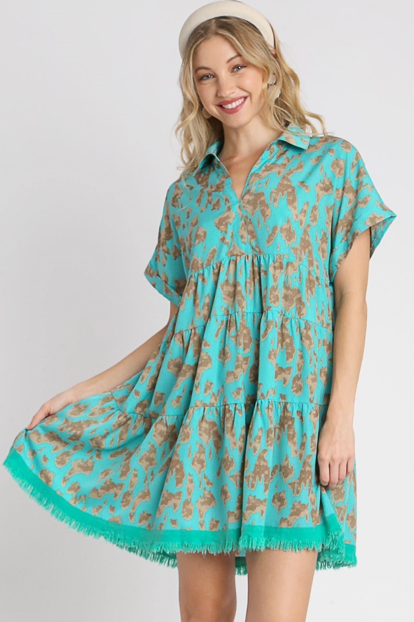 A5742_ib_1-1.jpg Umgee Animal Print Tiered Dress in Mint - Image 1