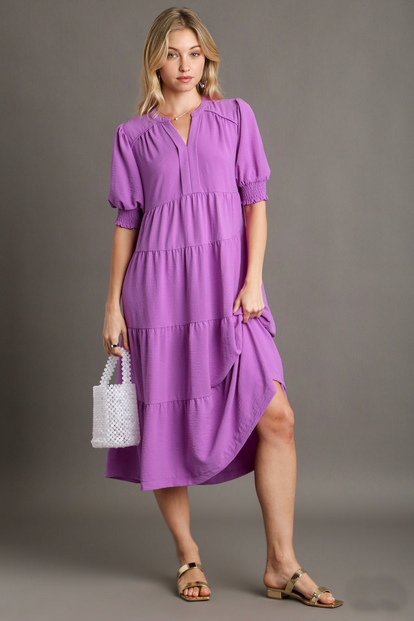 K7786_zx_1-1.jpg Umgee Solid Color A-Line Tiered Midi Dress with Piping Details in Orchid ON ORDER - Image 1