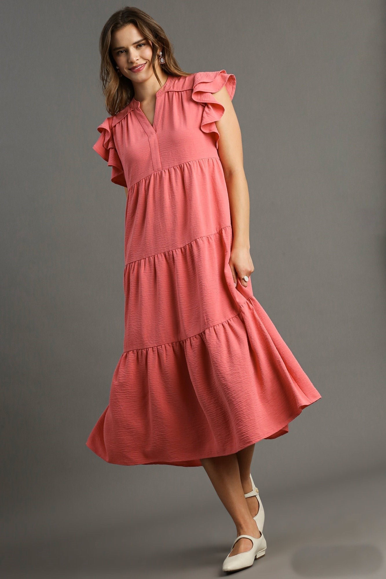 K7828_ay_1-1.jpg Umgee Split Neck A-Line Tiered Midi Dress in Coral Pink - Image 1