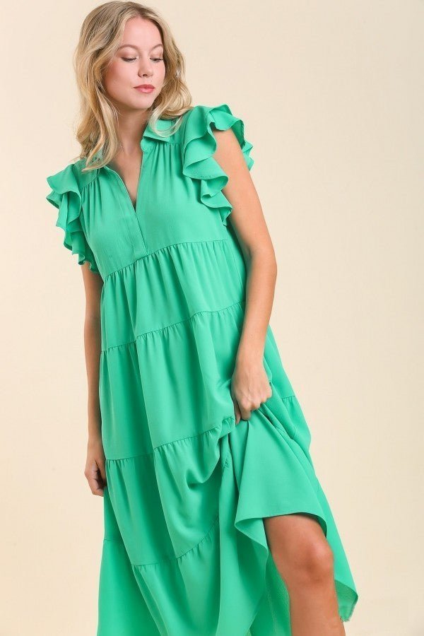 a6973-jadegreen-1-1.jpg Umgee Tiered Midi Dress with Ruffled Sleeves in Jade Green - Image 1