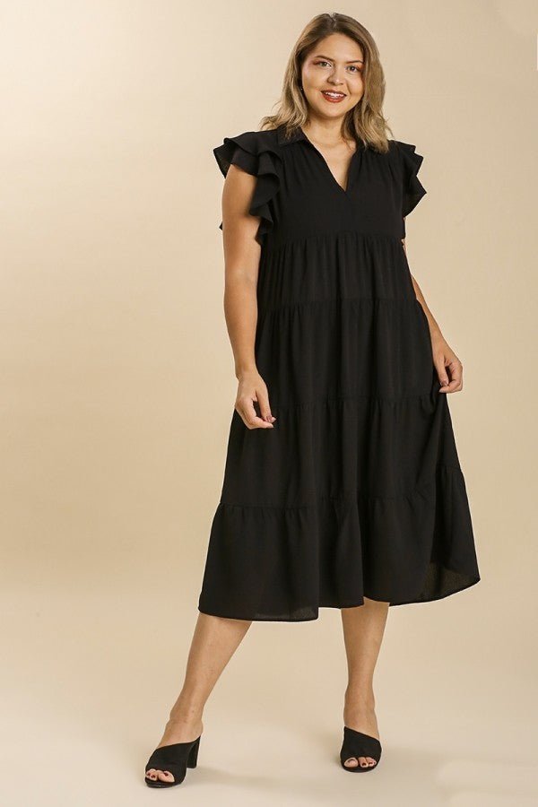 wa6973-black-2-1.jpg Umgee Tiered Midi Dress with Ruffled Sleeves in Black ON ORDER - Image 1