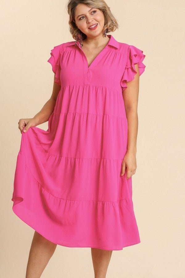 wa6973-hot-pink-1-1.jpg Umgee Tiered Midi Dress with Ruffled Sleeves in Hot Pink ON ORDER - Image 1